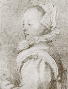 Dessin de Hendrik Goltzius, représentant une personne inconnue.  Longtemps on a voulu voir dans ce dessin le portrait de Maria Tesselschade