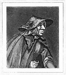 Un dessin en noir et gris montrant une femme âgée. Elle porte un chapeau ainsi qu'une tunique. Son nez et ses lèvres sont proéminents.