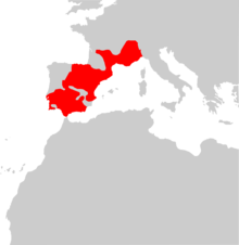 une carte d'Europe avec en rouge une partie du sud de la France et presque toute la péninsule Ibérique, à part le nord-ouest