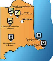 Carte représentant les pôles logistique de la Plateforme Muldimodale Pyrénées Méditerranée MP²