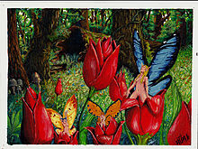 Dessin couleur représentant trois fées émergeant de tulipes rouges.