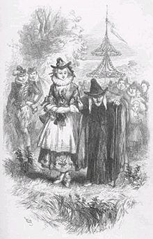 L'illustration montre une femme qui aide une vieille dame à marcher. Cette dernière est vêtue d'une longue robe noire et d'un chapeau pointu, et est appuyée sur une canne. Derrière elles, une foule les observe.