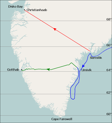 Carte représentant le trajet de l'expédition de Nansen au Groenland en 1888