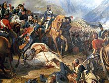 Napoléon à cheval regardant la bataille, à ses pieds un cheval agonisant