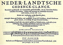 Adriaen Valerius, Neder-landtsche gedenck-clanck, recueil publié à Veere par les héritiers de Valerius en 1626