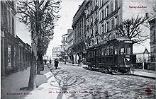 Vue d'un tramway à Noisy-le-Sec vers 1900. Le prolongement du T1 à Noisy-le-Sec par la rue Jean-Jaurès utiliserait l'itinéraire d'une ligne du début du vingtième siècle.