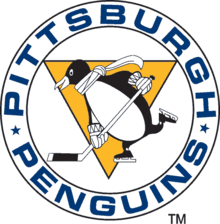 Logo représentant un manchot patinant avec un bâton de hockey et un foulard, entouré des mots PITTSBURGH PENGUINS.