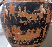 En bas, Hadès et Perséphone sur le quadrige, à leur droite Hermès (vase apulien)