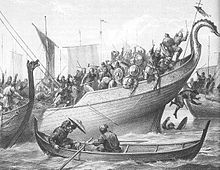 Représentation de la bataille de Svolder, au cours de laquelle le roi Olaf Tryggvason trouve la mort par noyade, en l'an 1000.