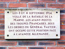 Plaque commémorative 1ère guerre mondiale, 3 et 4 sept. 1914 à Survilliers (95).