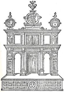 Scène établi pour le célèbre Landjuweel à Anvers en 1561, gravure de la publication prestigieuse « Spelen van Sinne, ghespeelt op de Lant juweel binnen Andtwerpen », imprimée en 1562.
