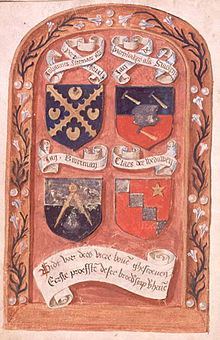 Manuscrit concernant la Confrérie de Notre-Dame-des-Sept-Douleurs, environ 1500 ; représentation des écus et des noms, sur les banderoles, des quatre premiers « prévôts » de cette confrérie.  Colijn van Rijssele était membre de cette Confrérie.