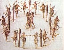 Dessin de John White représentant une danse rituelle des indiens Powhatan dans l'île de Roanoke (1585).