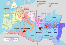 Carte de l'Empire romain avec les différents diocèses en 400 après Jésus-Christ. Les capitales des diocèses sont aussi mentionnées.