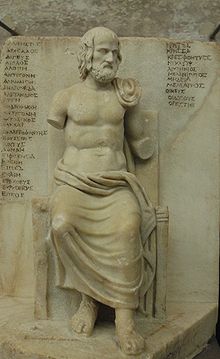 Statuette d'Euripide assis avec la liste de ses œuvres, IIe siècle ap. J.-C., musée du Louvre