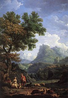 Tableau représentant un paysage de montagne avec un couple d'amoureux entouré de moutons au premier plan. La scène est dominée par un grand arbre vert à gauche et un ciel bleu avec des nuages blancs, contrastant avec la montagne en haut du tableau.