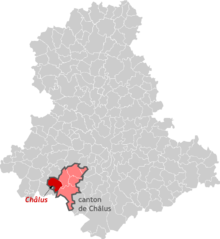 Sur la carte de la Haute-Vienne, position de la commune et du canton de Châlus, à l'extrême sud-ouest de la Haute-Vienne