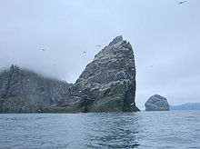 Grand rocher de forme triangulaire au milieu de l'eau, avec d'autres îles derrière et des fous de bassans le survolant.