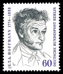 Timbre à l'effigie d'Hoffmann (1972). Le portrait de l'écrivain en noir et blanc occupe tout le centre du timbre. L'auteur a les cheveux ébouriffés et est imberbe. Il regarde sur la droite. Sur le côté gauche est écrit, de bas en haut : « E.T.A Hoffman, 1776-1822 » et sur le côté droit : « Deutsch Bundepost Berlin ». En bas à droite est indiqué le montant du timbre : « 60 » pfennigs.