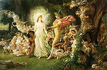La peinture présente une fée et un homme peu vêtus qui se regardent et semblent s’interpeller. Circulant dans une forêt, ils sont entourés de plus petits êtres, plusieurs montrant leur joie.