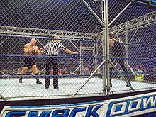 Photographie prise depuis les tribunes. Deux catcheurs, The Big Show et The Undertaker, s'affrontent dans un Steel Cage match. Le ring est entouré d'une grande cage métallique, dont la hauteur est approximativement de six mètres.