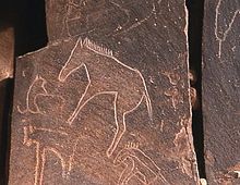 Gravure rupestre du sud orantes représentant un cheval parmi d’autres animaux