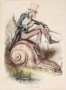 Gravure ancienne représentant un homme âgé vétu des couleurs de l'amérique, tenant un document et chevauchant un escargot