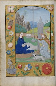 Une femme en robe bleue est assise à gauche. Face à elle, une licorne blanche pose sa longue corne torsadée sur son ventre.