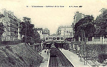 Vue d'ensemble vers 1900 de la gare de Vincennes avec un train à l'arrêt. À l'arrière-plan, le bâtiment voyageurs est à cheval au-dessus des voies.