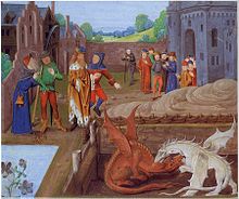Enluminure du quinzième siècle, tirée du manuscrit de l'Historia Regum Britanniae montrant le combat entre les dragons rouge et blanc, qui a inspiré l'arrière-plan de l'épisode du Grand Dragon Blanc de Roverandom.