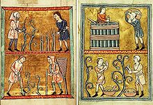 Photographie montrant une illustration médiévale du travail de la vigne : en haut à gauche, la taille et l'attachage de la vigne et en bas le travail du sol. En haut à droite, le pressurage du raisin et en bas, les vendanges.