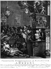Scène se déroulant dans un tribunal d'époque. En plus des personnes sur place, une sorcière et un démon sont représentés. En haut d'une chaire se tient un prêcheur, alors qu'en bas de l'image un homme est étendu par terre.
