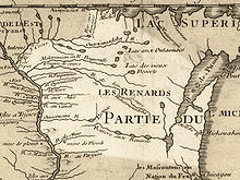 Gravure représentant une carte du Wisconsin en Nouvelle-France par Guillaume Delisle en 1718.