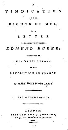 La page se lit ainsi : A Vindication of the Rights of Men, in a Letter to the Right Honourable Edmund Burke; Occasioned by His Reflections on the Revolution in France. By Mary Wollstonecraft. The Second Edition. London: Printed for J. Johnson, No. 72, St. Paul's Church-Yard. M.DCC.XC.