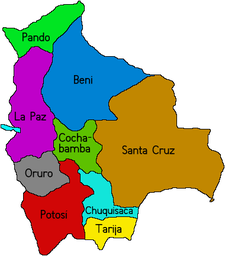Carte de la Bolivie divisée en 9 départements