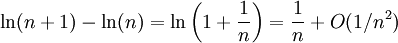 \ln(n+1)-\ln(n)=\ln\left(1+\frac{1}{n}\right)=\frac{1}{n}+O(1/n^2)