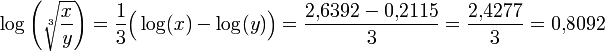 \log \left(\sqrt[3] \frac{x}{y} \right) = \frac 13 \Big(\log(x) - \log(y) \Big) = \frac{2{,}6392 - 0{,}2115}{3} = \frac{2{,}4277}{3} = 0{,}8092