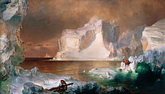Peinture d'icebergs, avec un iceberg blanc dominant le centre de l'œuvre, et des icebergs noir ou d'un bleu sombre, encadrant le tout. Le tableau est peint dans un style suggestif plutôt que minutieux.