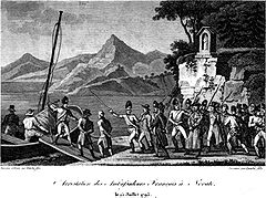 Lithographie représentant une troupe armée au bord d'un lac, conduisant deux hommes entravés à bord d'une embarcation.
