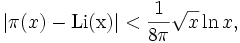 \left | \pi(x) - {\rm Li(x)} \right | < \frac {1}{8 \pi} \sqrt {x} \ln x,