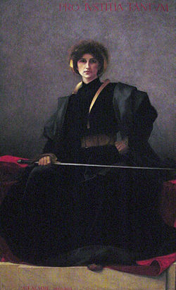 Portrait d'Evelyn Beatrice Hall, superimposé de la phrase latine "Au nom de la justice" (Musée des beaux-arts de l'Ontario, Canada).