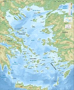 Carte de la mer Égée avec la mer de Myrto au sud-ouest.