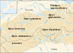 Carte de localisation des Alpes valaisannes dans les Alpes centrales.