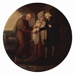 Le Moine de Calais (1780) par Angelica Kauffmann, montrant le révérend Yorick échangeant sa tabatière avec le frère Lorenzo : « Il avait une tabatière de corne à la main. Il me la tendit, ouverte. - Vous goûterez le mien, dis-je en tirant ma tabatière, qui était une petite boîte d'écaille, et je la lui mis dans la main. »