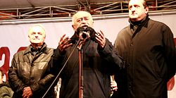 April 10, 2009. Famous Georgian director, Rezo Chkeidze in front of parliament building speaking to the protesters.jpg