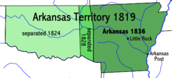 Carte du Territoire de l'Arkansas, mettant en évidence ses modifications territoriales au fil du temps