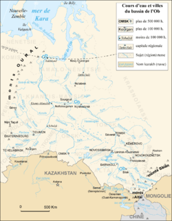 Carte des principaux cours d'eau du bassin de l'Ob, y compris la Toura et la Pychma.