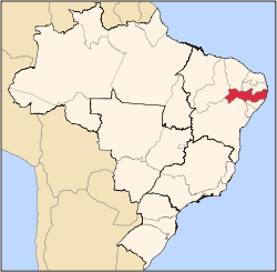 Carte de l'État du Pernambouc (en rouge) à l'intérieur du Brésil