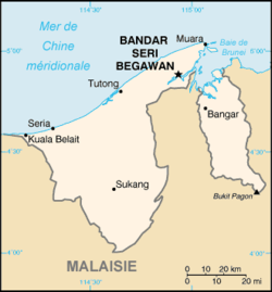 Carte du Brunei mettant en évidence la division en deux segments de la frontière terrestre avec la Malaisie.