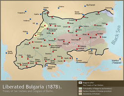 La Roumélie orientale (en rouge) et la Bulgarie (en vert) telles que définies par le traité de Berlin. Le trait noir indique les frontières de la Grande Bulgarie créée par le traité de San Stefano et démantelée par le traité de Berlin.